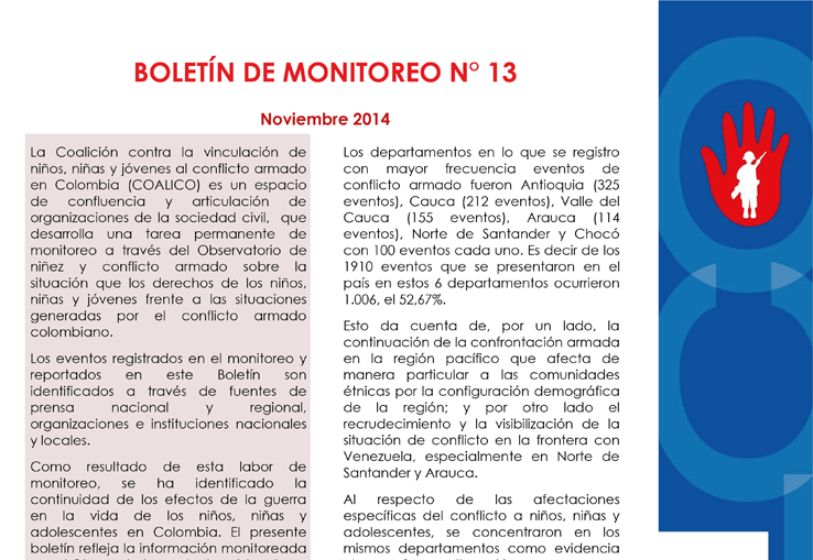 Boletín de monitoreo N° 13 Niñez y conflicto armado en Colombia.