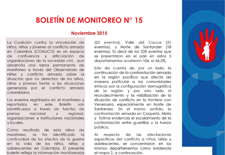 Boletín de monitoreo N° 15 Niñez y conflicto armado en Colombia.