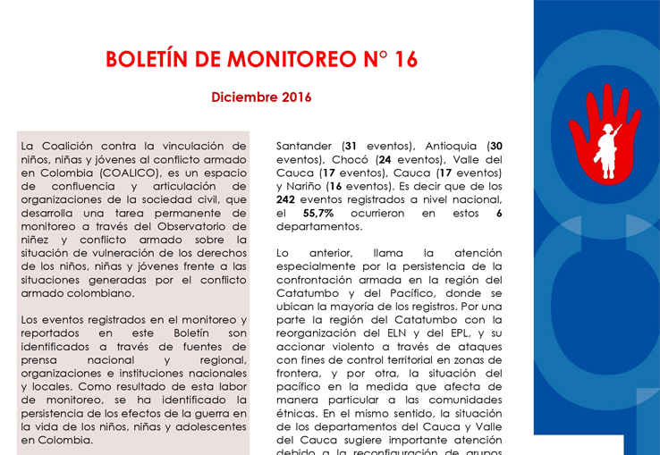 Boletín de monitoreo N° 16: Niñez y conflicto armado en Colombia.